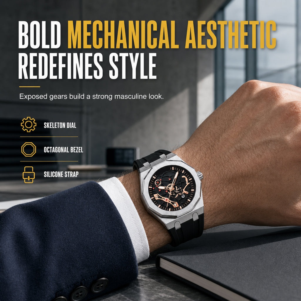 ⌚⚙️ Men’s Hollow-Dial Sport Watch – Mechanical-Inspired Style with Luminous Hands & Date Display