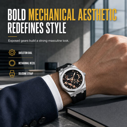 ⌚⚙️ Men’s Hollow-Dial Sport Watch – Mechanical-Inspired Style with Luminous Hands & Date Display