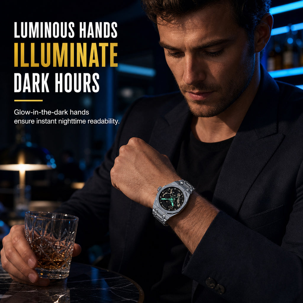 ⌚⚙️ Men’s Hollow-Dial Sport Watch – Mechanical-Inspired Style with Luminous Hands & Date Display