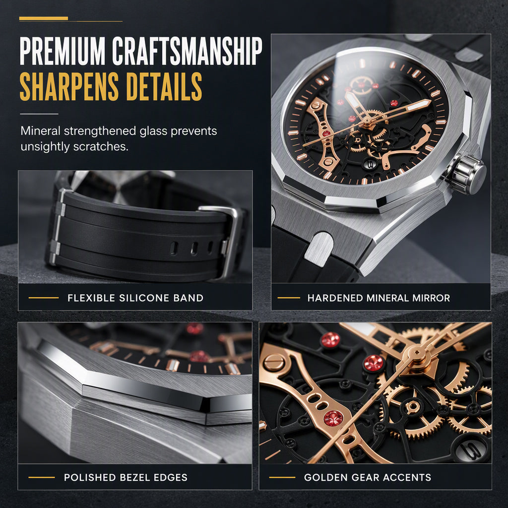 ⌚⚙️ Men’s Hollow-Dial Sport Watch – Mechanical-Inspired Style with Luminous Hands & Date Display
