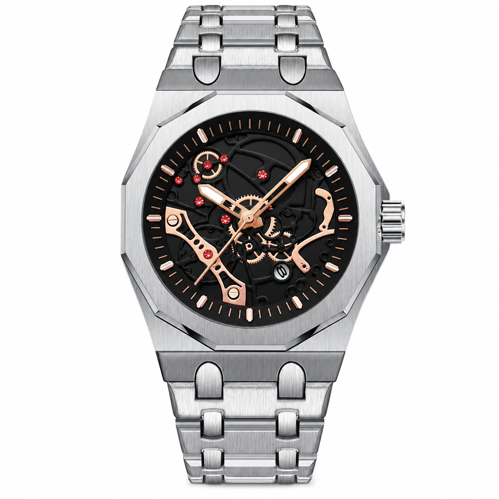⌚⚙️ Men’s Hollow-Dial Sport Watch – Mechanical-Inspired Style with Luminous Hands & Date Display