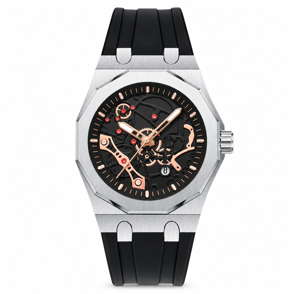 ⌚⚙️ Men’s Hollow-Dial Sport Watch – Mechanical-Inspired Style with Luminous Hands & Date Display