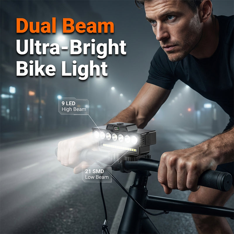 🚴💡 30-LED Dual Beam Cycling Light – 7 Modes, Digital Battery Display & USB-C Rechargeable