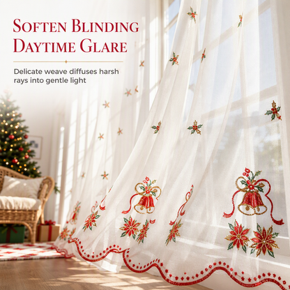 🎄❄️ Embroidered Christmas Sheer Curtain – Snowflake & Bell Window Decor for a Cozy Holiday Home