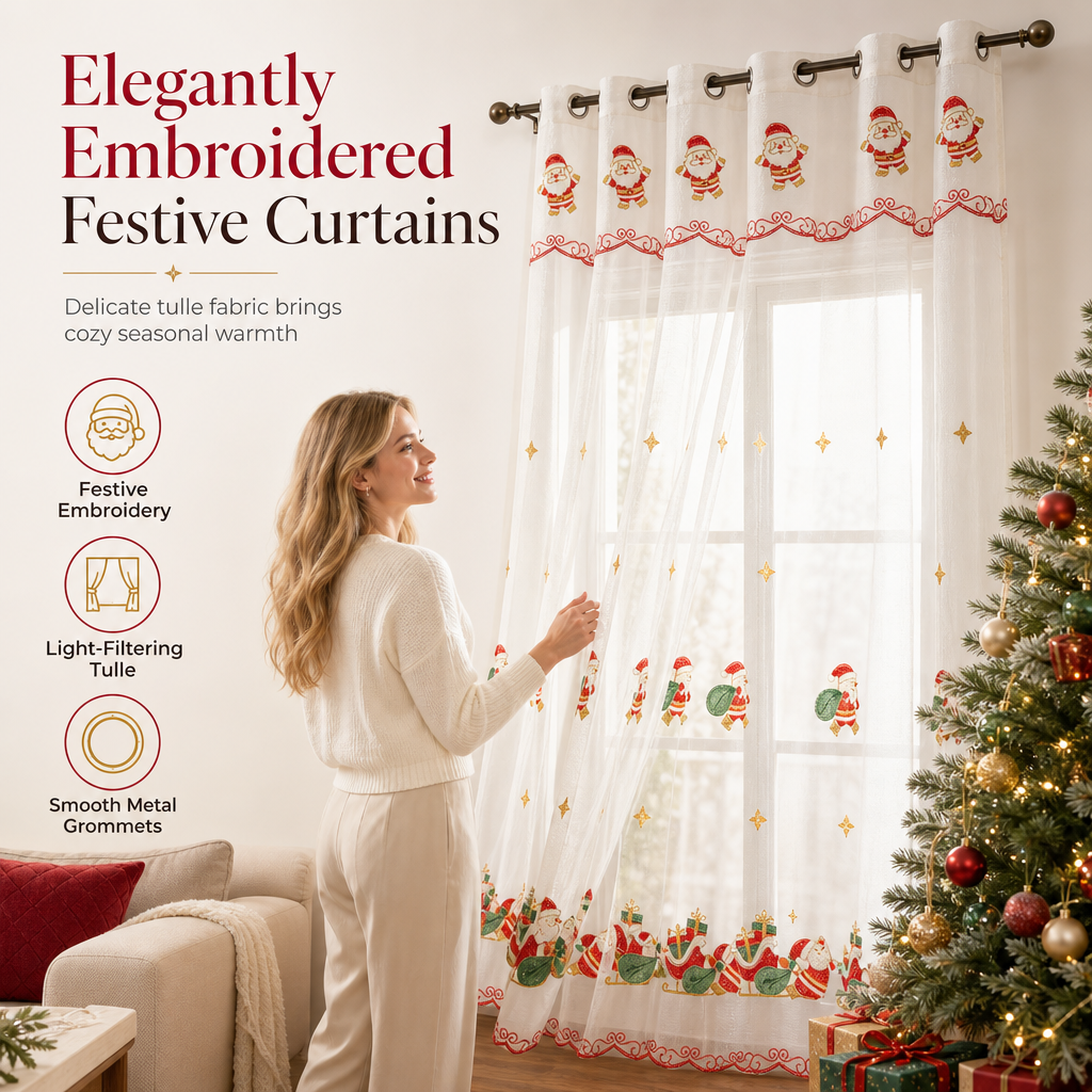 🎄❄️ Embroidered Christmas Sheer Curtain – Snowflake & Bell Window Decor for a Cozy Holiday Home