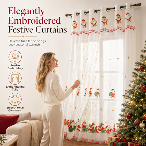 🎄❄️ Embroidered Christmas Sheer Curtain – Snowflake & Bell Window Decor for a Cozy Holiday Home