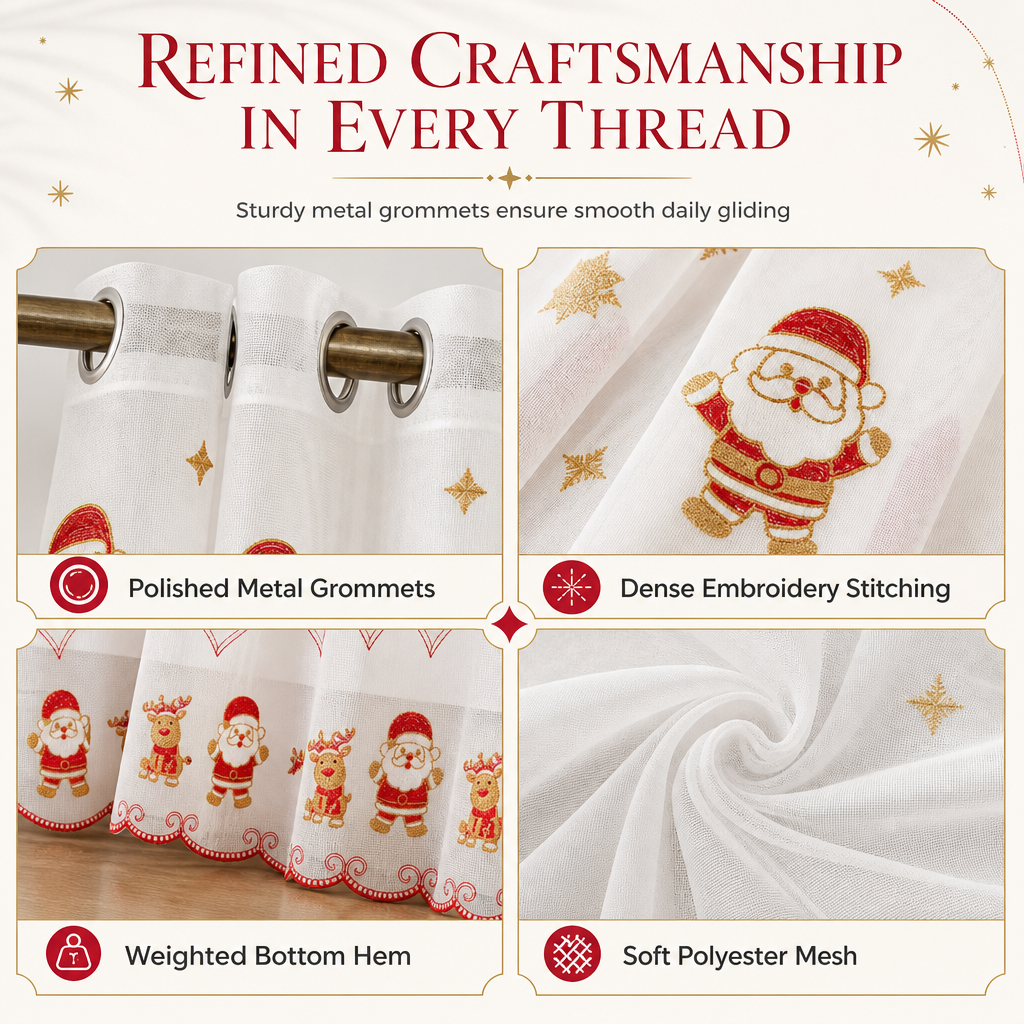 🎄❄️ Embroidered Christmas Sheer Curtain – Snowflake & Bell Window Decor for a Cozy Holiday Home