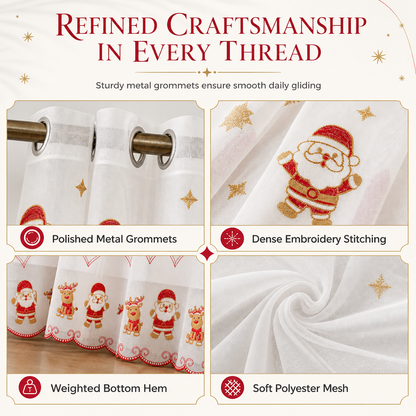 🎄❄️ Embroidered Christmas Sheer Curtain – Snowflake & Bell Window Decor for a Cozy Holiday Home