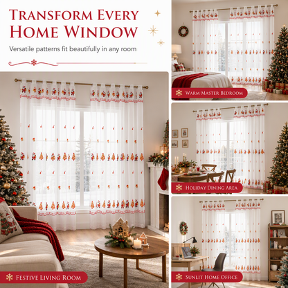 🎄❄️ Embroidered Christmas Sheer Curtain – Snowflake & Bell Window Decor for a Cozy Holiday Home