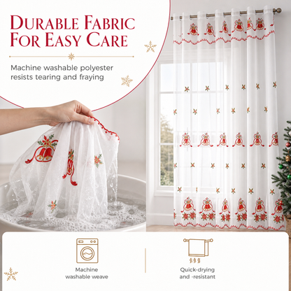 🎄❄️ Embroidered Christmas Sheer Curtain – Snowflake & Bell Window Decor for a Cozy Holiday Home