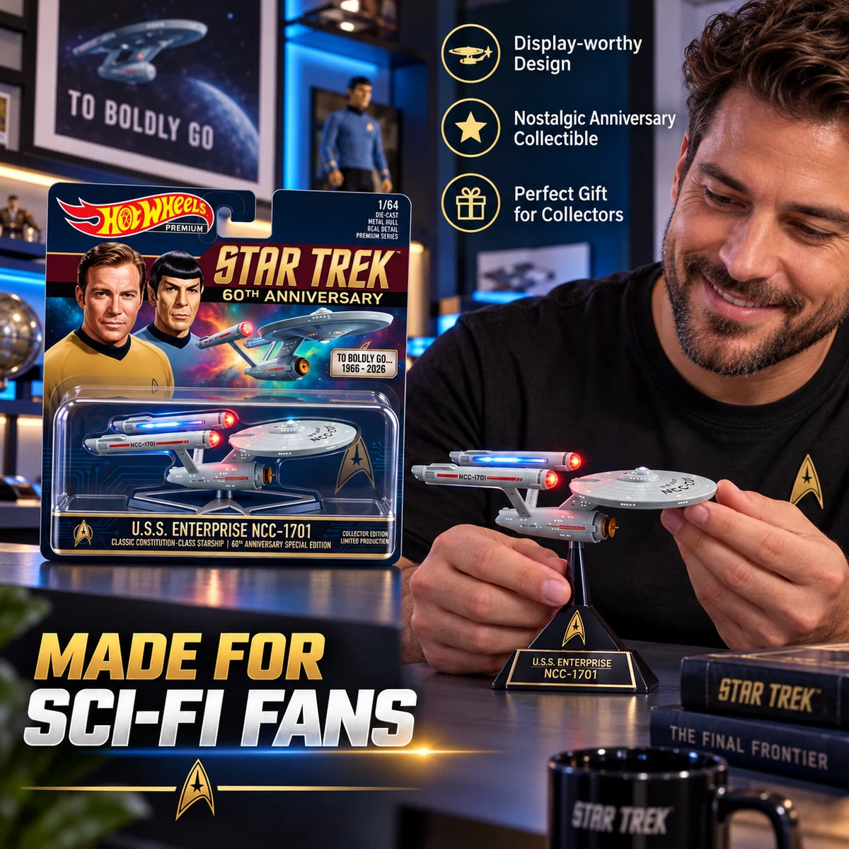 Science fiction fan displaying the anniversary starship collectible