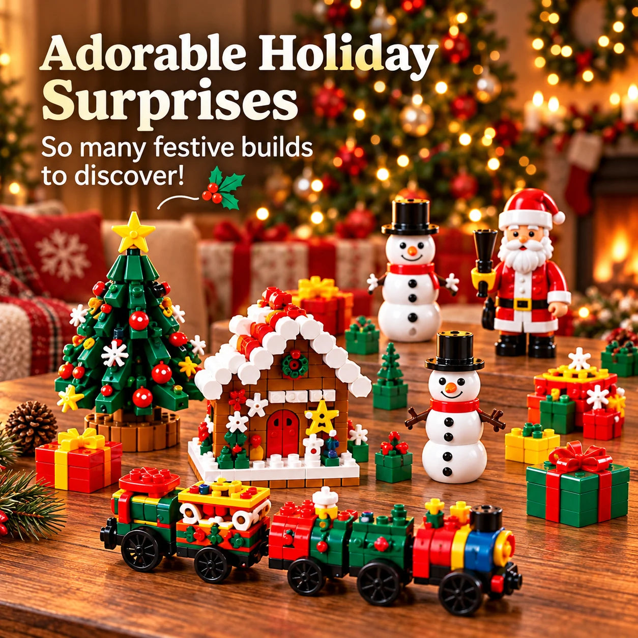Finished Christmas building block creations displayed together