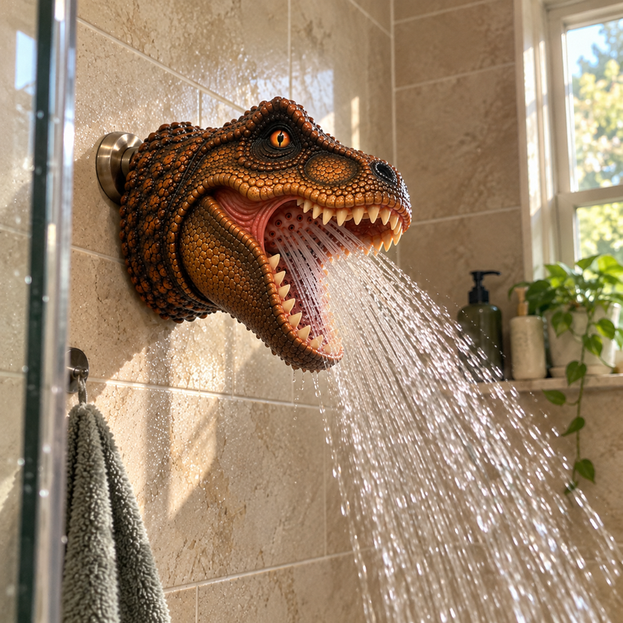 T-Rex shower head spraying water in a sunlit home bathroom