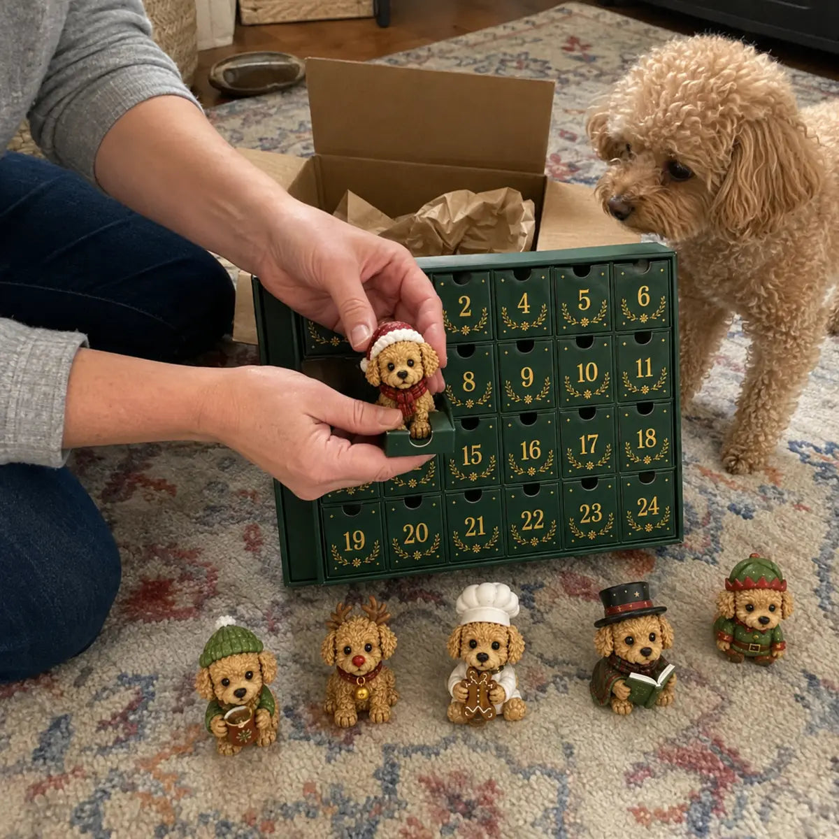 Customer opening a Teddy Dog collectible beside a real dog