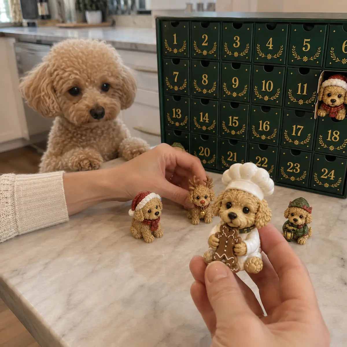 Close-up of Christmas Teddy Dog figures and calendar