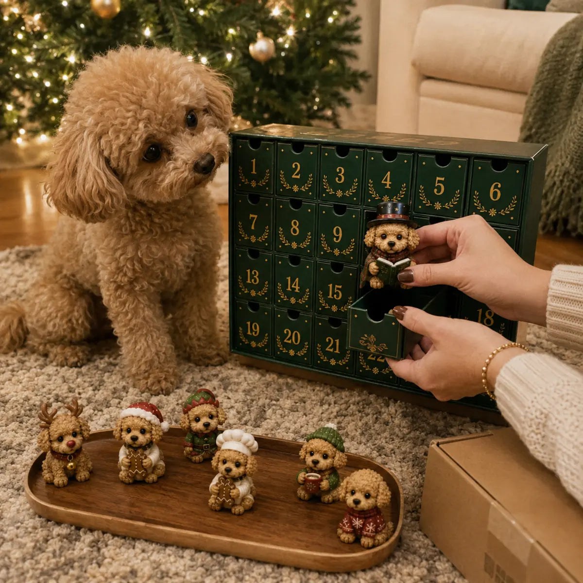 Teddy Dog collection displayed beside a Christmas tree