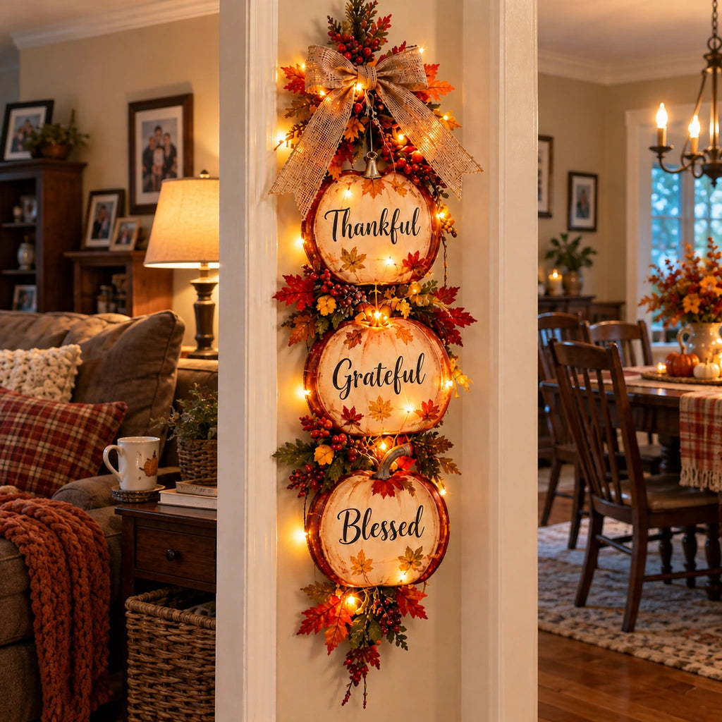 🍁 Thankful, Grateful & Blessed Lighted Fall Pumpkin Swag – Rustic Thanksgiving Wall Décor