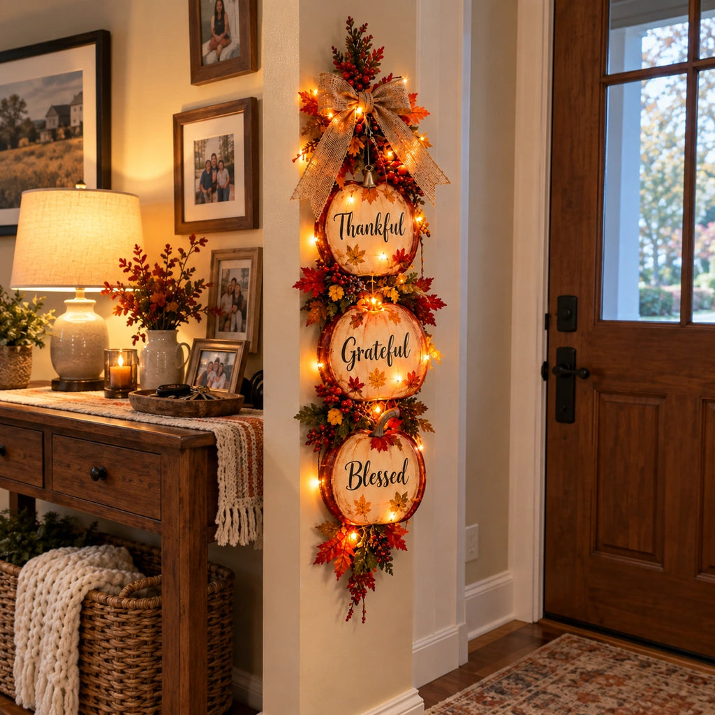 🍁 Thankful, Grateful & Blessed Lighted Fall Pumpkin Swag – Rustic Thanksgiving Wall Décor