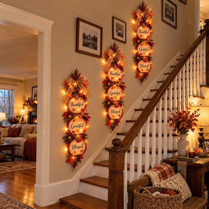 🍁 Thankful, Grateful & Blessed Lighted Fall Pumpkin Swag – Rustic Thanksgiving Wall Décor