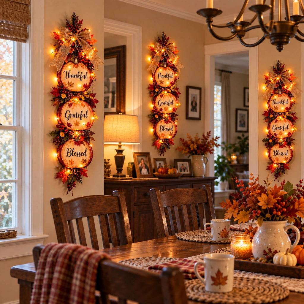 🍁 Thankful, Grateful & Blessed Lighted Fall Pumpkin Swag – Rustic Thanksgiving Wall Décor