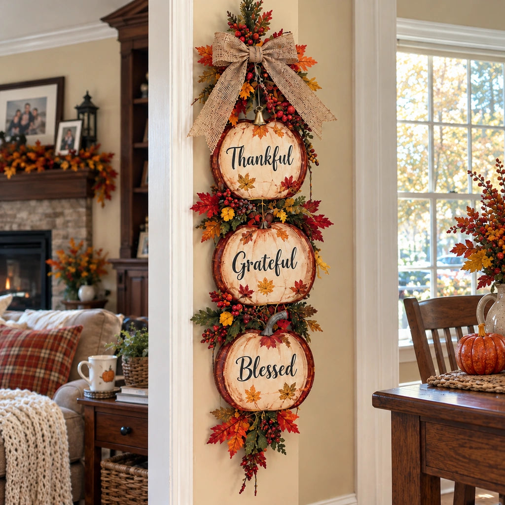 🍁 Thankful, Grateful & Blessed Lighted Fall Pumpkin Swag – Rustic Thanksgiving Wall Décor