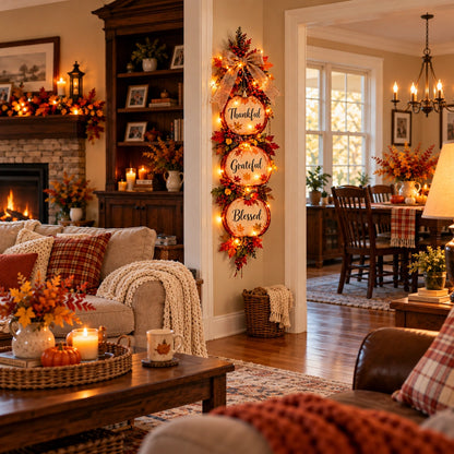 🍁 Thankful, Grateful & Blessed Lighted Fall Pumpkin Swag – Rustic Thanksgiving Wall Décor