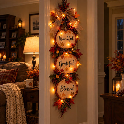 🍁 Thankful, Grateful & Blessed Lighted Fall Pumpkin Swag – Rustic Thanksgiving Wall Décor