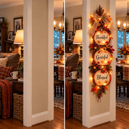 🍁 Thankful, Grateful & Blessed Lighted Fall Pumpkin Swag – Rustic Thanksgiving Wall Décor