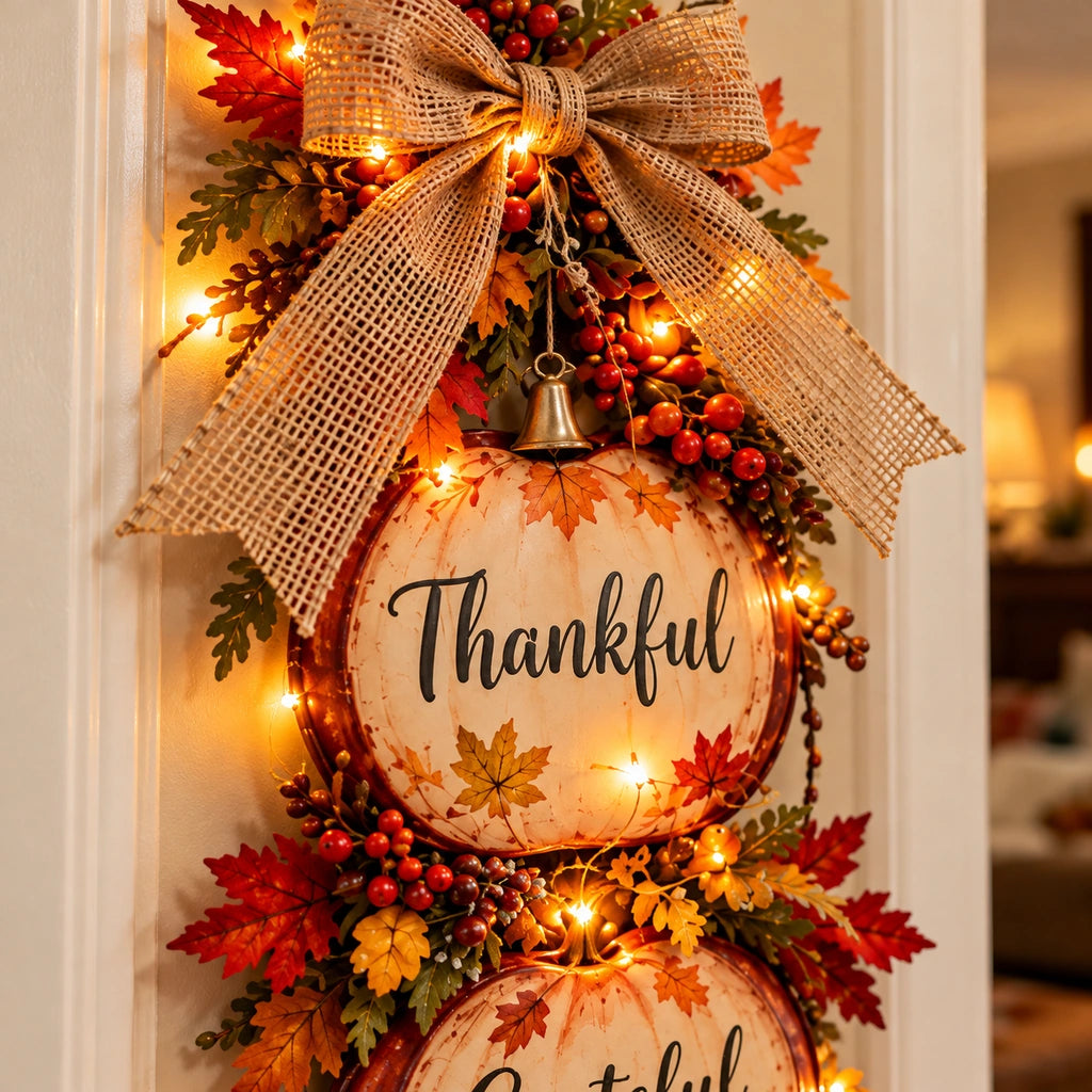 🍁 Thankful, Grateful & Blessed Lighted Fall Pumpkin Swag – Rustic Thanksgiving Wall Décor