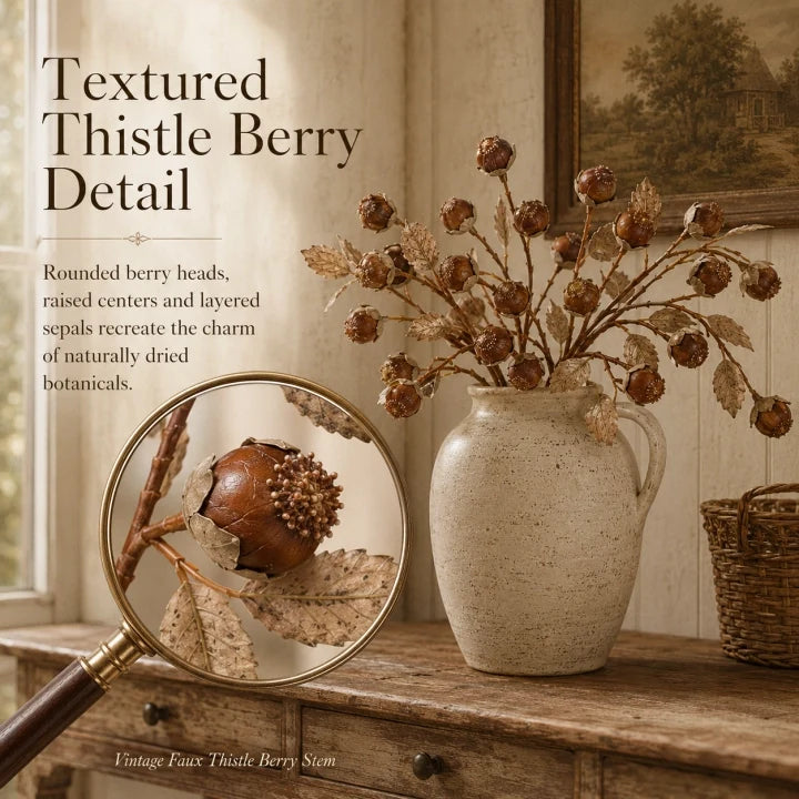 Close-up detail of vintage faux thistle berry stems