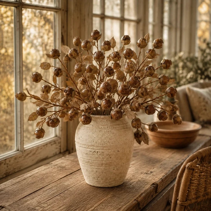 Rustic brown faux thistle berry stems arranged in a vintage ceramic vase