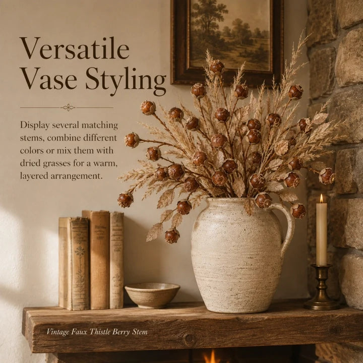 Vintage faux thistle berry stems styled with dried grasses in a rustic vase