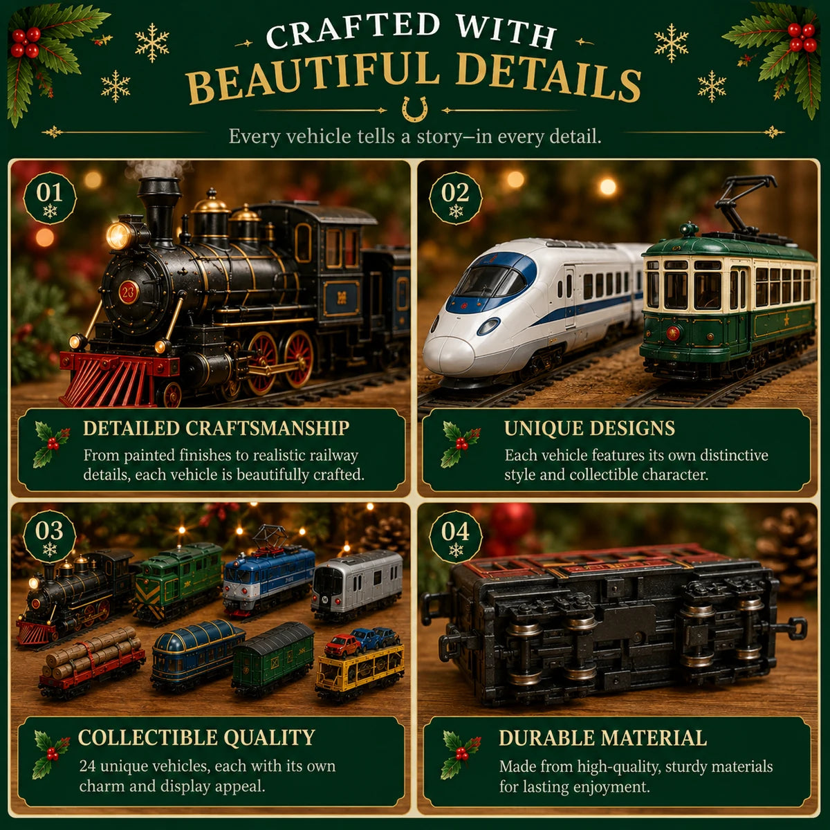 Close-up collage highlighting the details of miniature trains and rail vehicles
