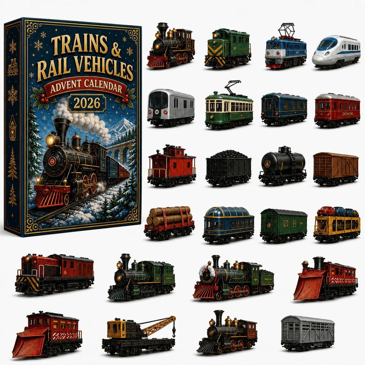 Trains and Rail Vehicles Advent Calendar with a variety of miniature rail vehicles