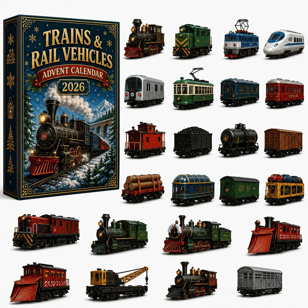 Train advent calendar box with miniature railway vehicle collection