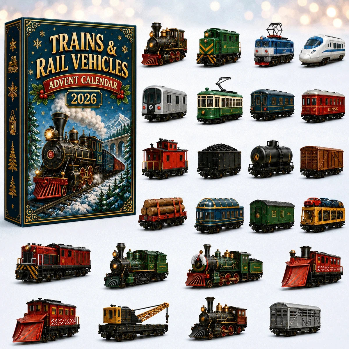 Trains and rail vehicles advent calendar collection on white holiday background
