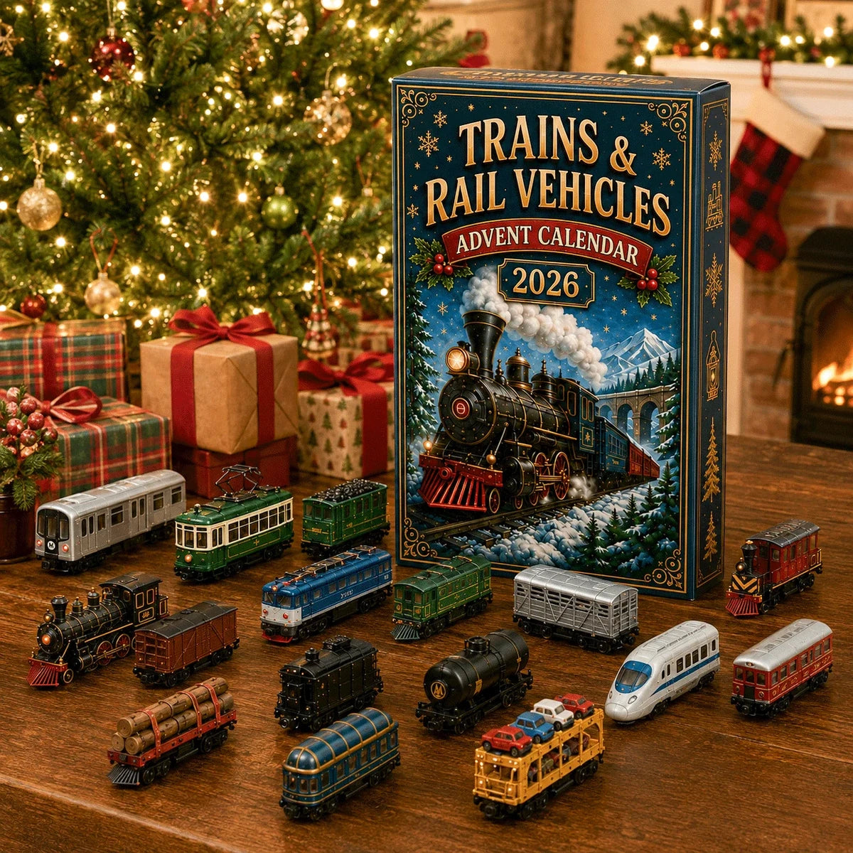 Train advent calendar displayed with miniature trains beside Christmas tree and gifts