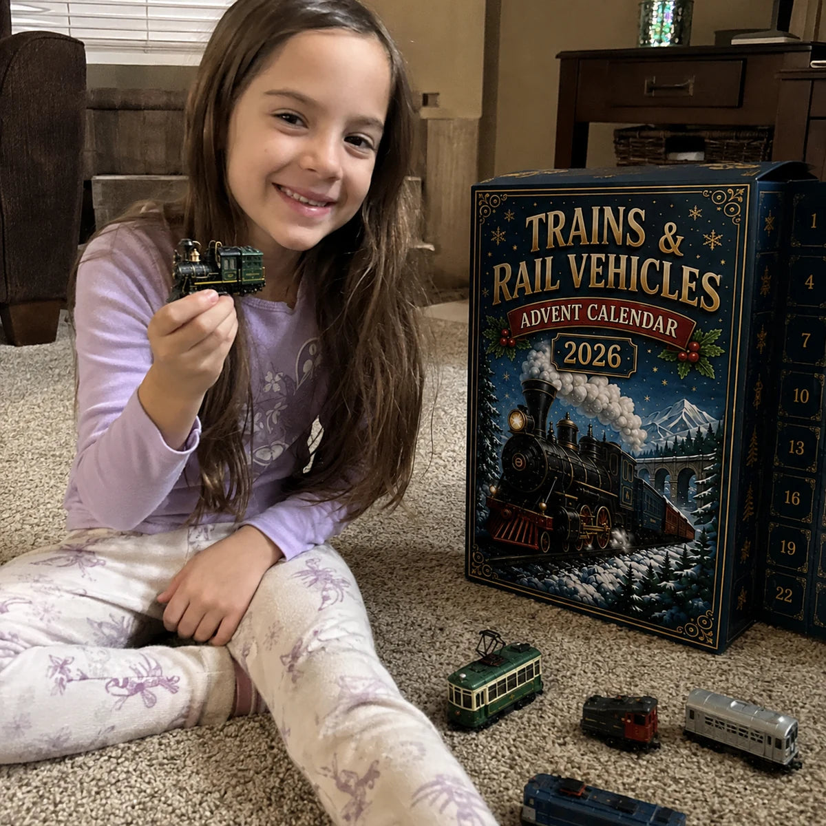 Customer review photo with child holding a miniature train beside the advent calendar