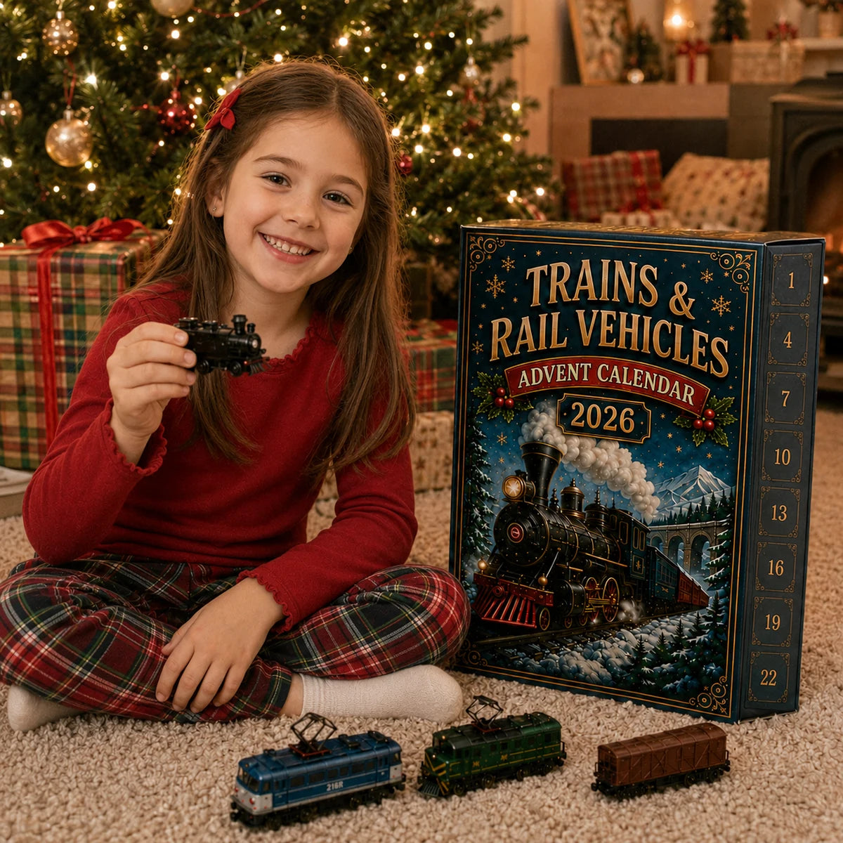 Customer review photo with child and railway advent calendar beside a Christmas tree