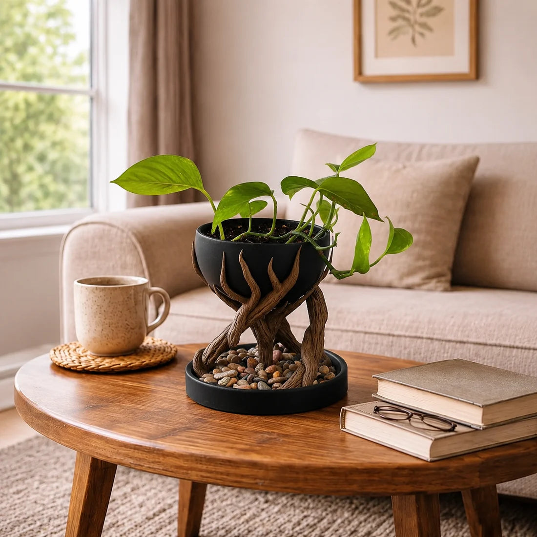 Tree Root Planter on a living room coffee table