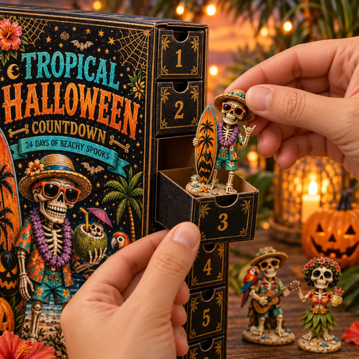 Hands opening a numbered drawer and revealing a tropical skeleton character