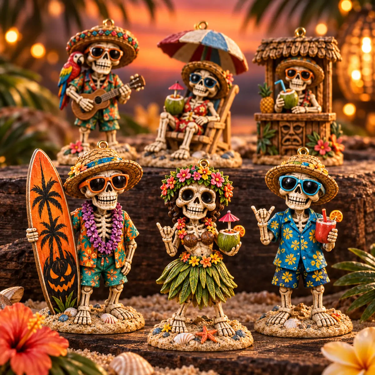 Close-up details of six tropical Halloween skeleton characters