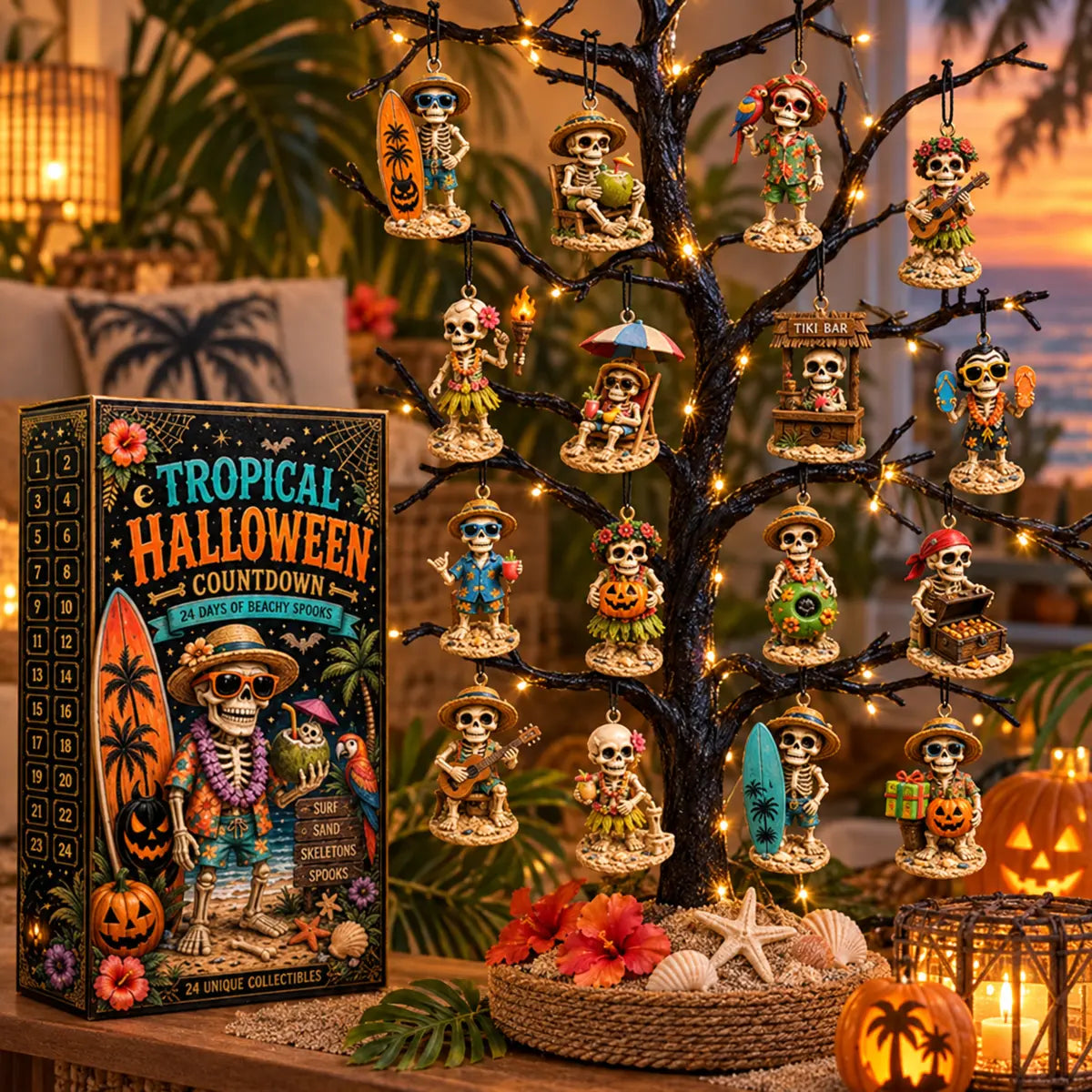 Tropical skeleton characters hanging on a lighted Halloween tree