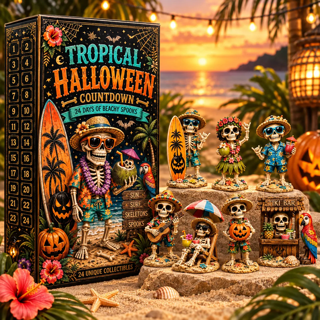 Tropical Halloween 24-day countdown calendar with three skeleton ornaments