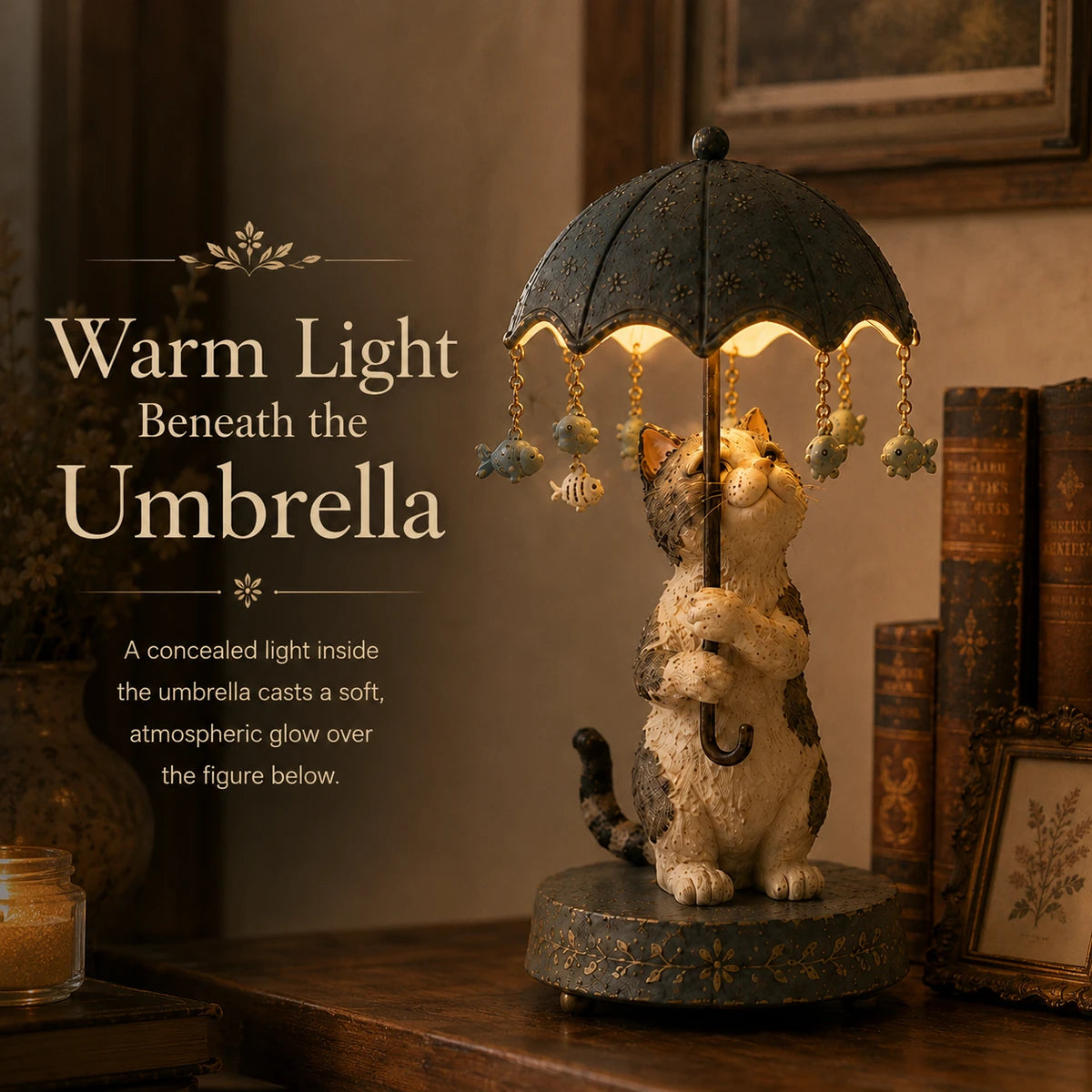 Warm light beneath umbrella feature on cat accent light