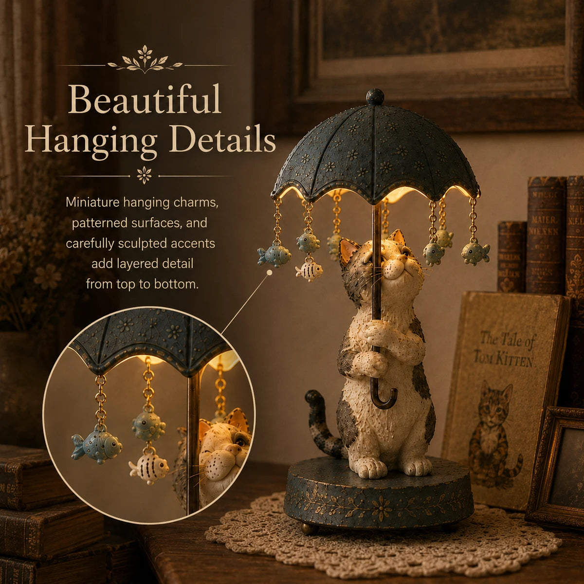 Close-up of hanging details on cat umbrella accent light