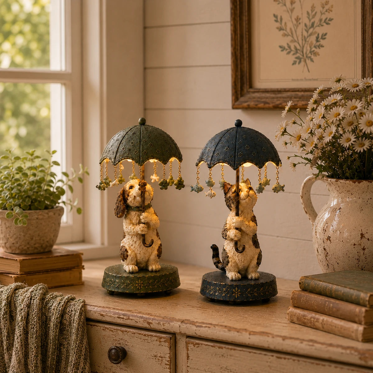 Cat and dog umbrella accent lights styled on a cabinet