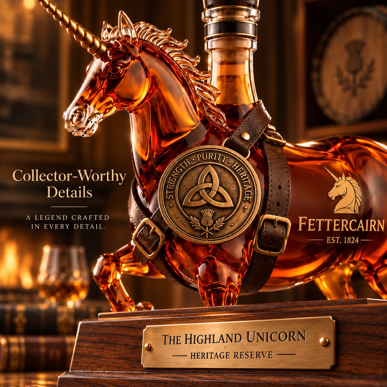 Close-up details of the Highland Unicorn Decanter