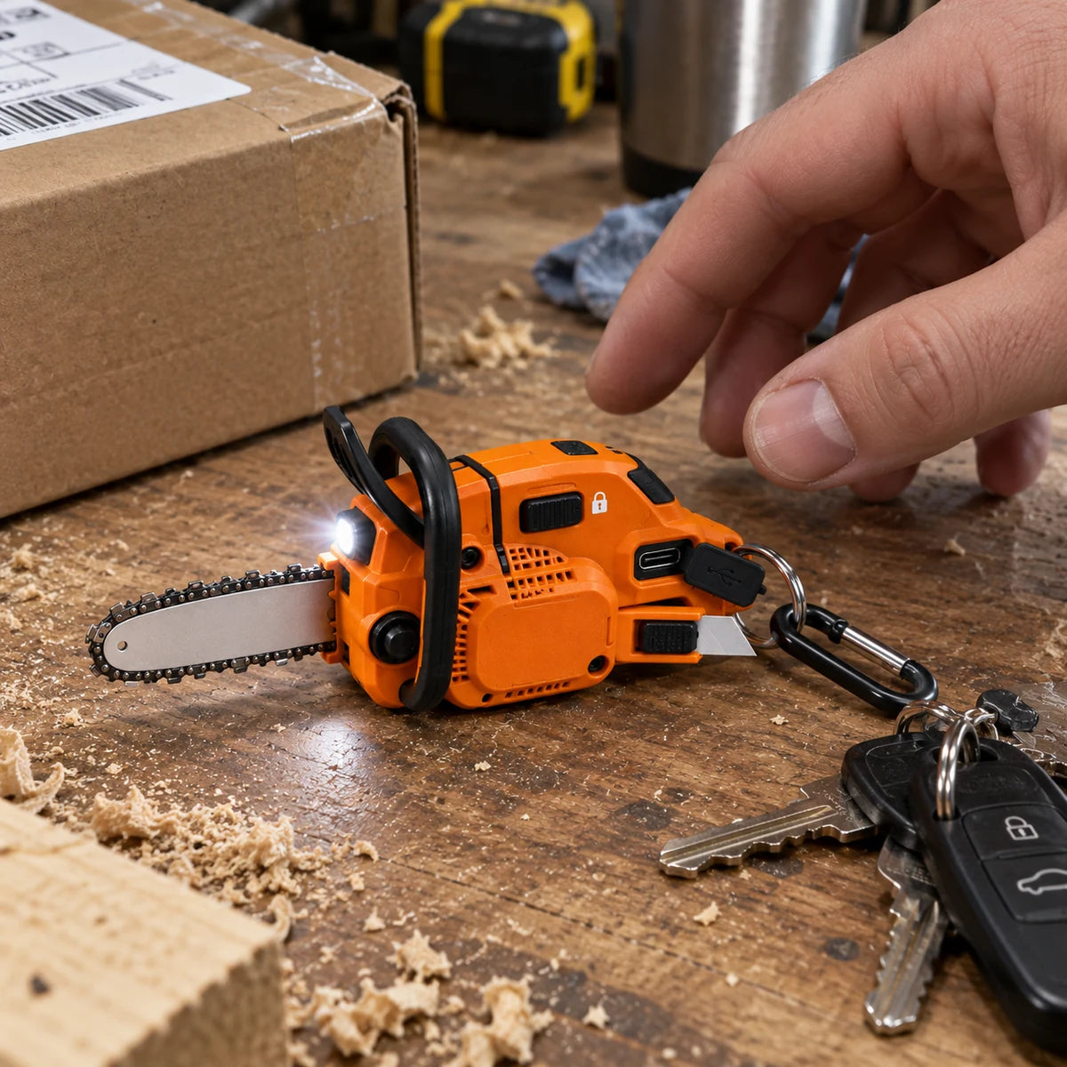 Customer-style photo of the compact utility tool on a workbench