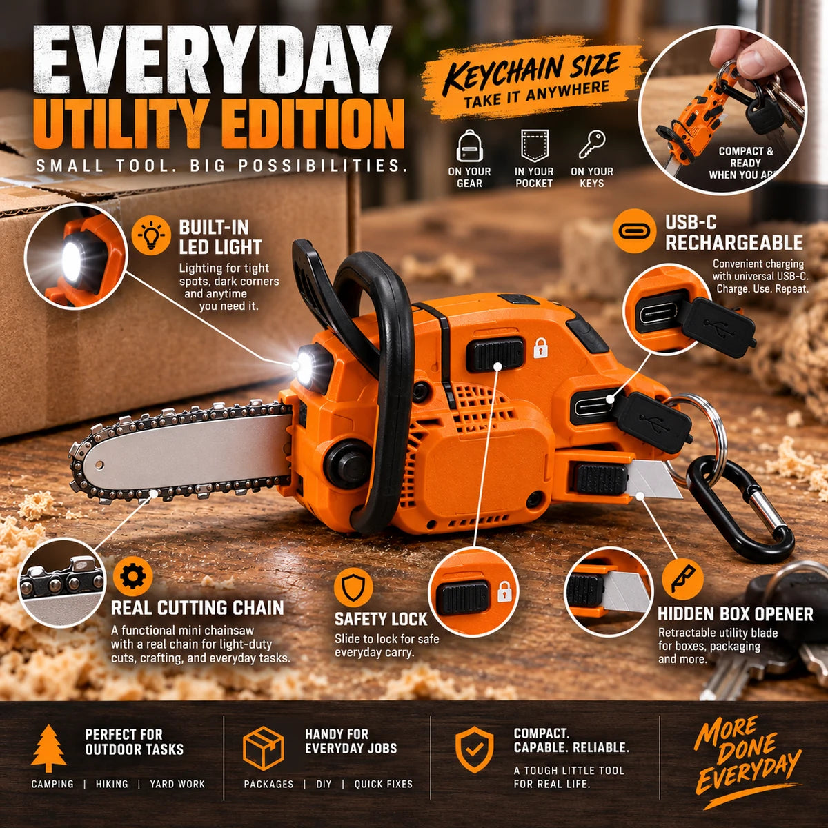 Everyday utility keychain tool with mini cutting chain, LED light, USB-C charging, and box opener